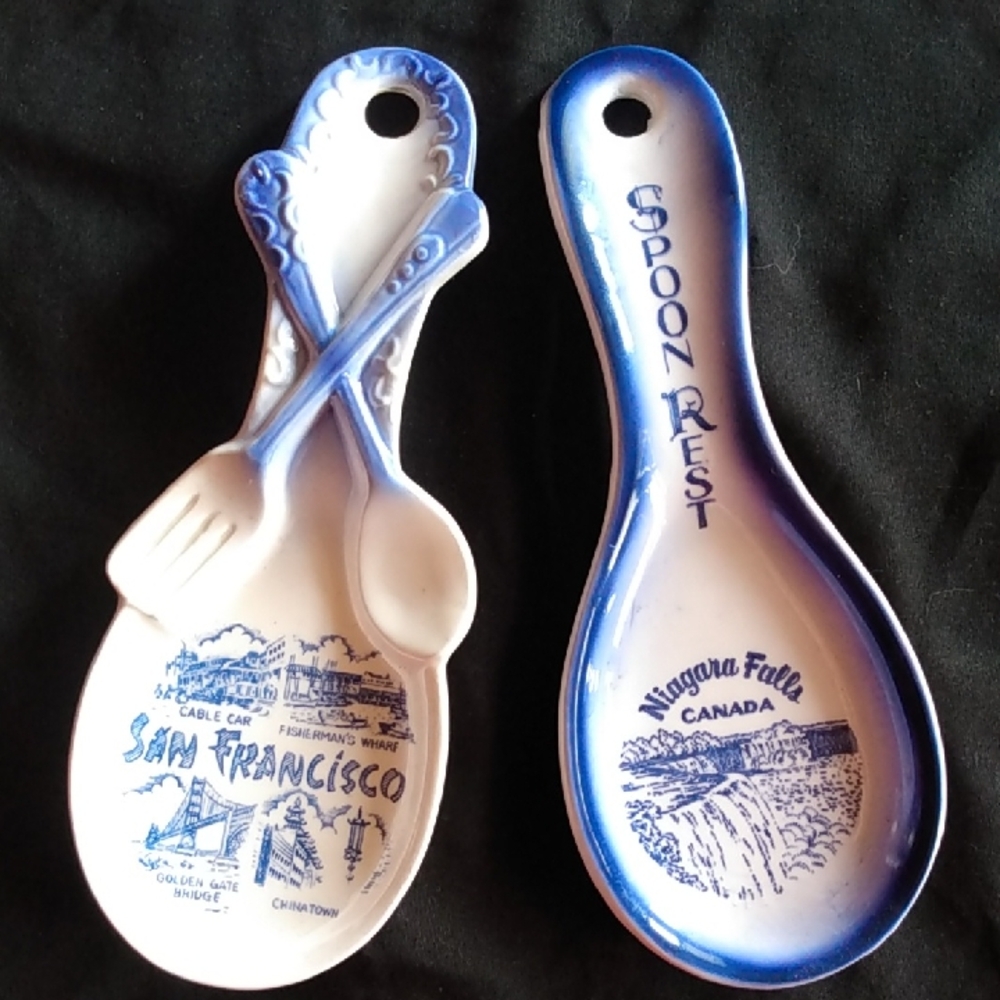 Blue & White Ceramic Spoon Rests - San Francisco & Niagara Falls